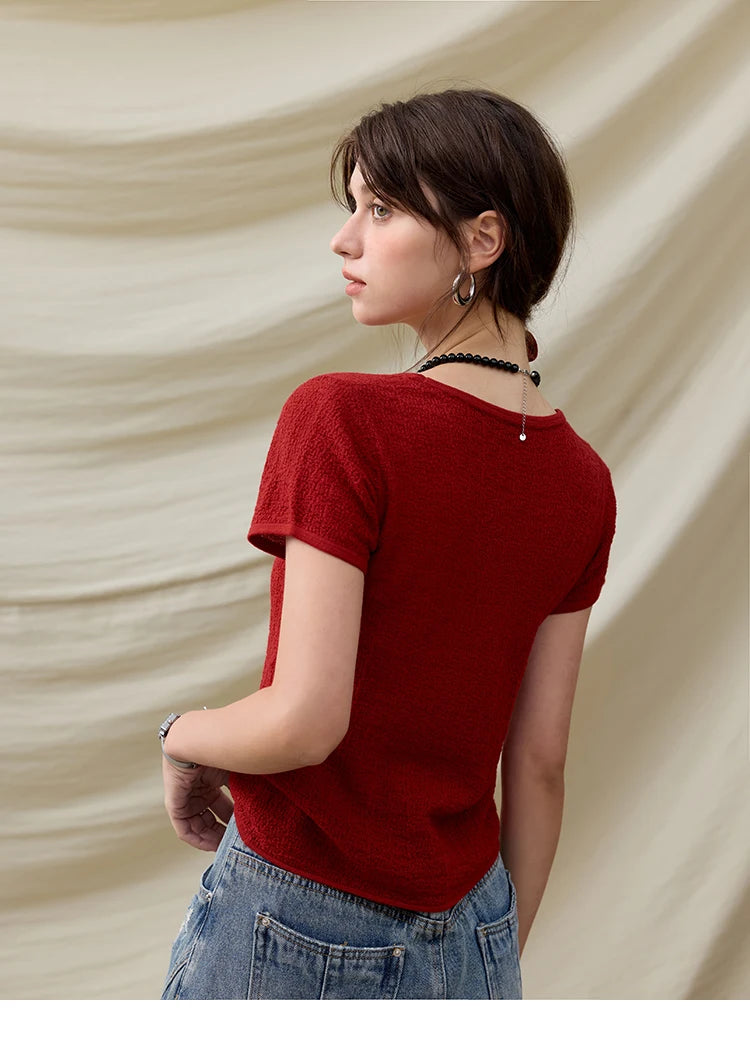 MISHOW Office Lady Women’s T-shirts Summer 2025 Short Sleeve Round Neck Solid Slimming Knitted Shirt Female Fashion MXE34Z1257