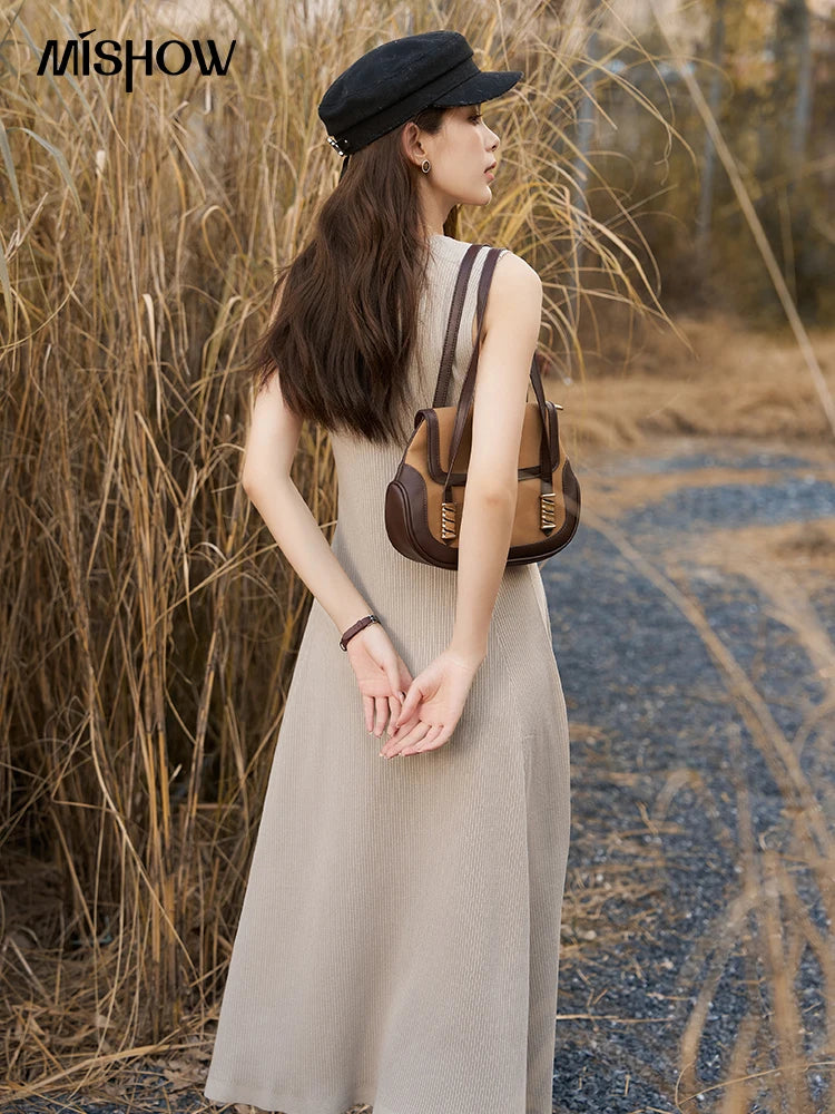 MISHOW Knitted Round Neck Sleeveless Dress for Women 2025 Autumn French Slim Fit Waist Solid A-LINE Pullover Dresses MXC43L1590