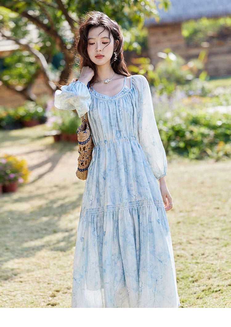 MISHOW Printed Blue Blending Chiffon Vacation Dress Spring 2025 Drawstring Waist Long Dress Lantern Sleeve Dresses MXE16L2114