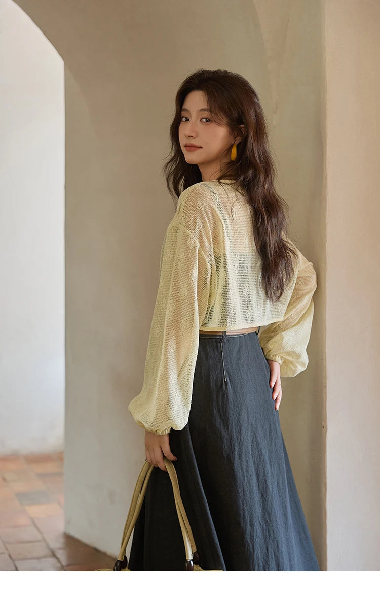 MISHOW Women's Two-Piece Set 2025 Lantern Sleeves Knitted Cardigan Imitation Denim Strap Dress Set With Belt Included MXE41T0704