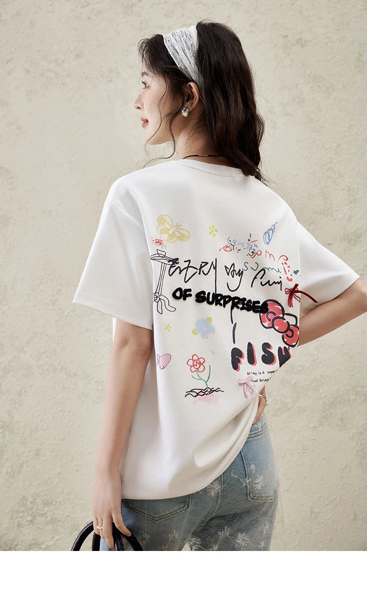MISHOW Casual Graffiti T-shirt Women Summer 2025 Short Sleeve Round Neck Loose Shirts Female New Fashion Tops Lady MXE15T0475
