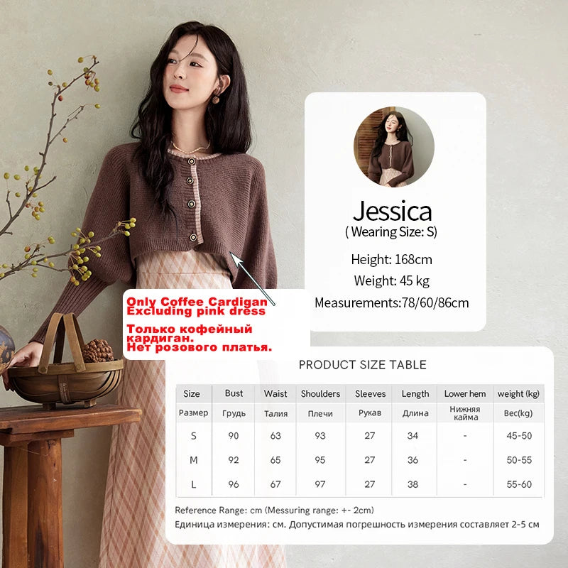 MISHOW French Vintage Dress O Neck Knitted Cardigan Separately Women Sweet Knitted Short Sweater Plaid Camisole Dress MXD43L2012