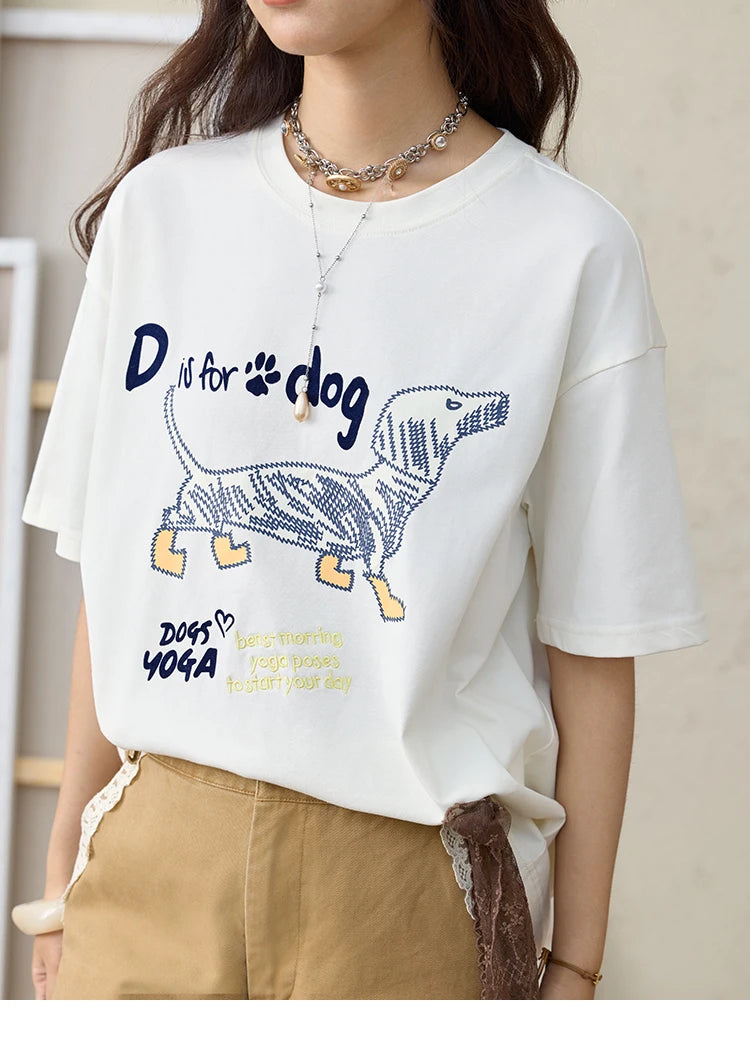 MISHOW Print Summer T-shirts Women 2025 Short Sleeve Round Neck Flocked Puppy Loose Shirt Female Casual Versatile Top MXE33T0542