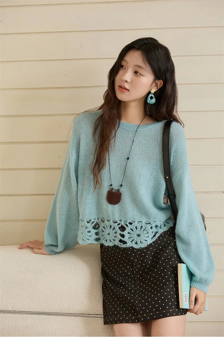MISHOW Woman Sweaters 2025 Elegant French Hollow Out Floral Sweater Loose O-neck Long Sleeves Knit Top Autumn Clothes MXE44Z2491