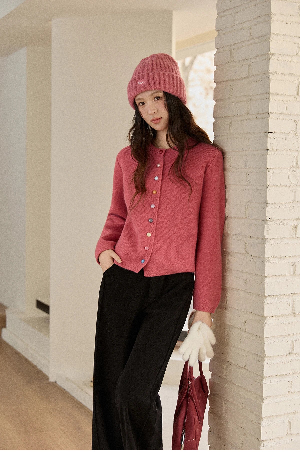 MISHOW Women's Cardigan 2025 Slim Fit Hollow Out Round Neck Rainbow Button Sweater French Style Solid Warm Knitwear MXE90Z2796