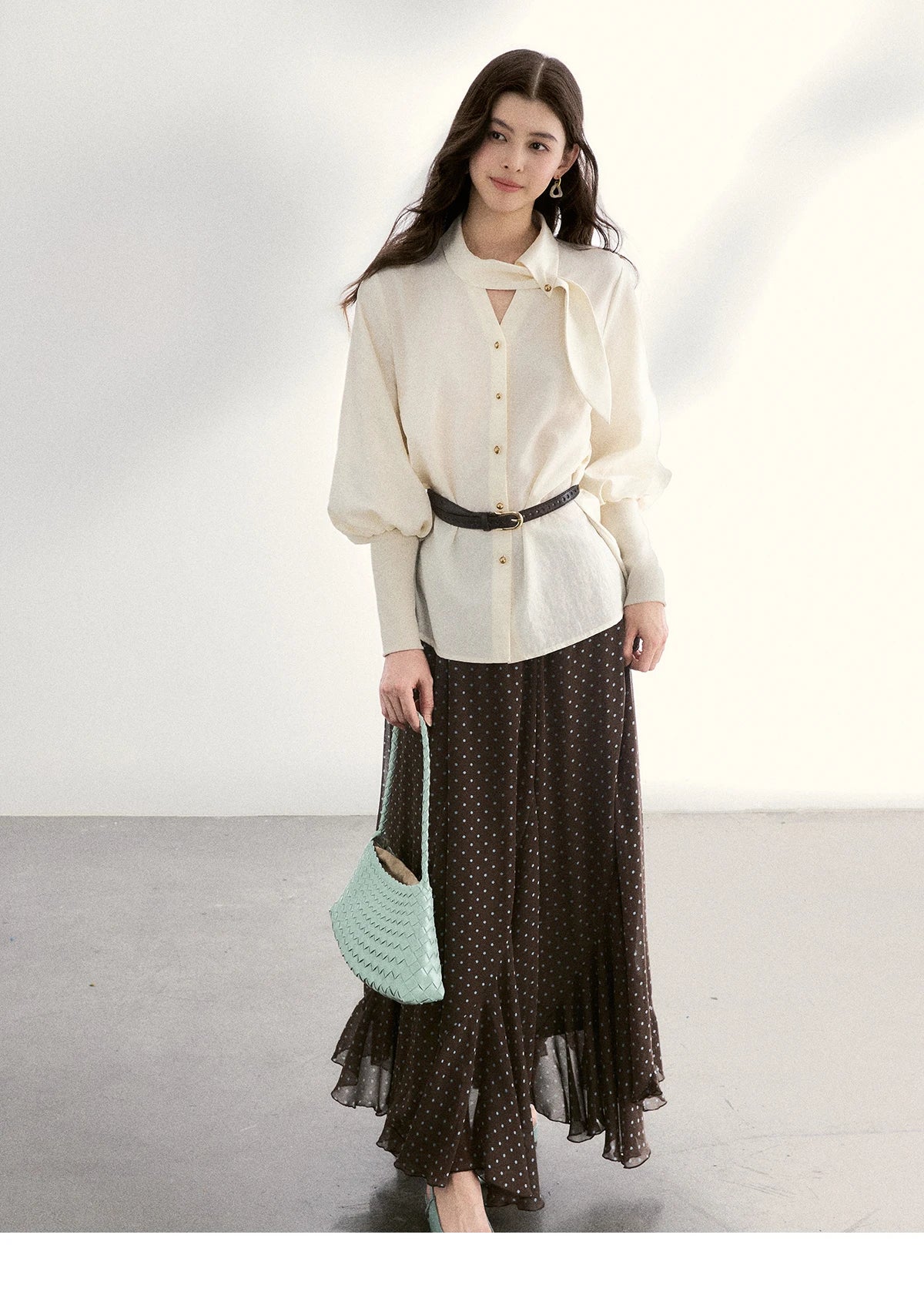 MISHOW Women's Tie Neck Shirts Spring Hollow-out Knitted Patchwork Puff Sleeve Tops Casual Elegant Shirt Office Lady MXF108C0812