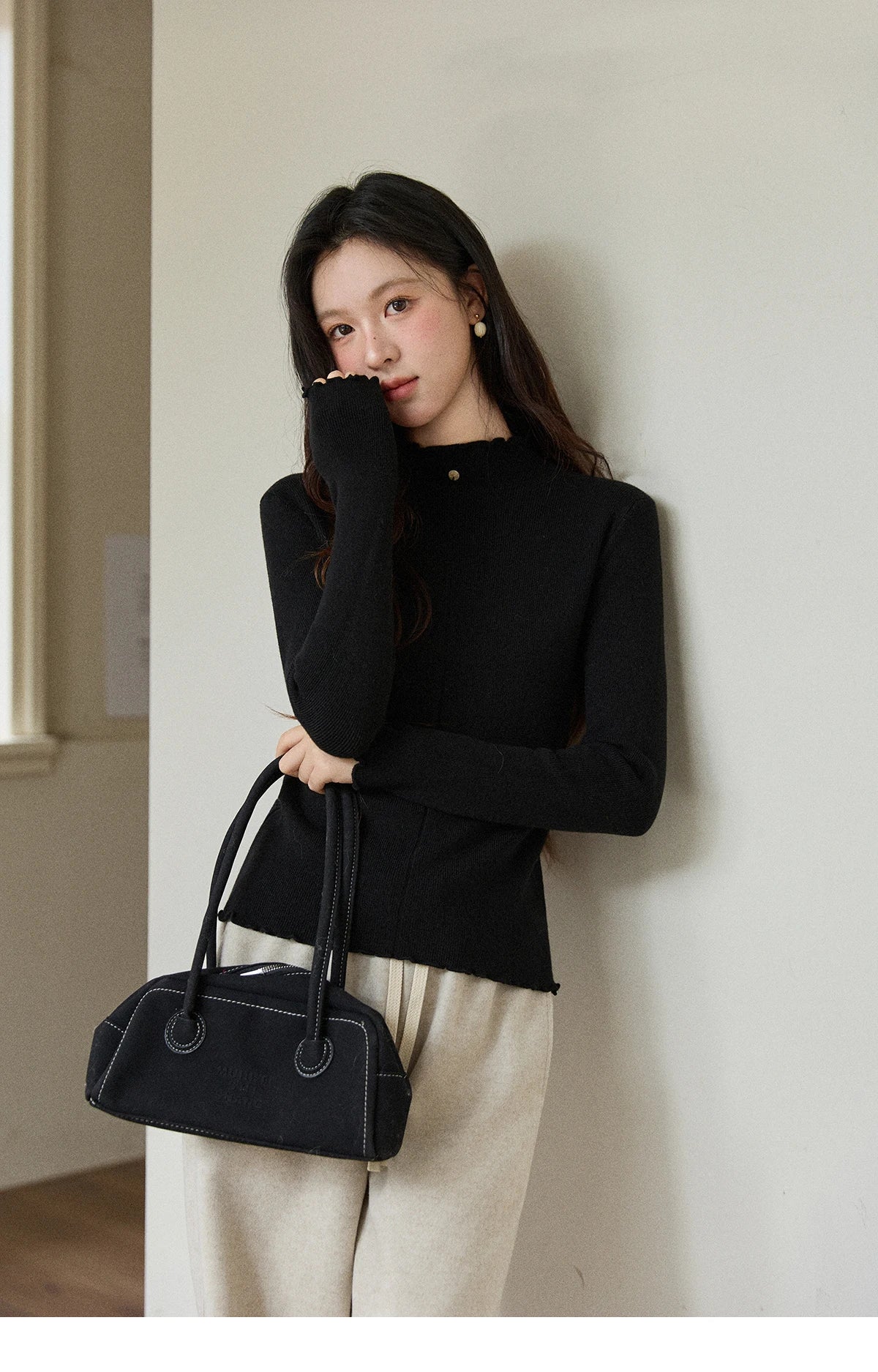 MISHOW Women's Knitted Long-Sleeved Top 2025 Winter Solid Slim Fit Ruffled Turtleneck Sweater Warm Soft Commuting Top MXE91Z2826