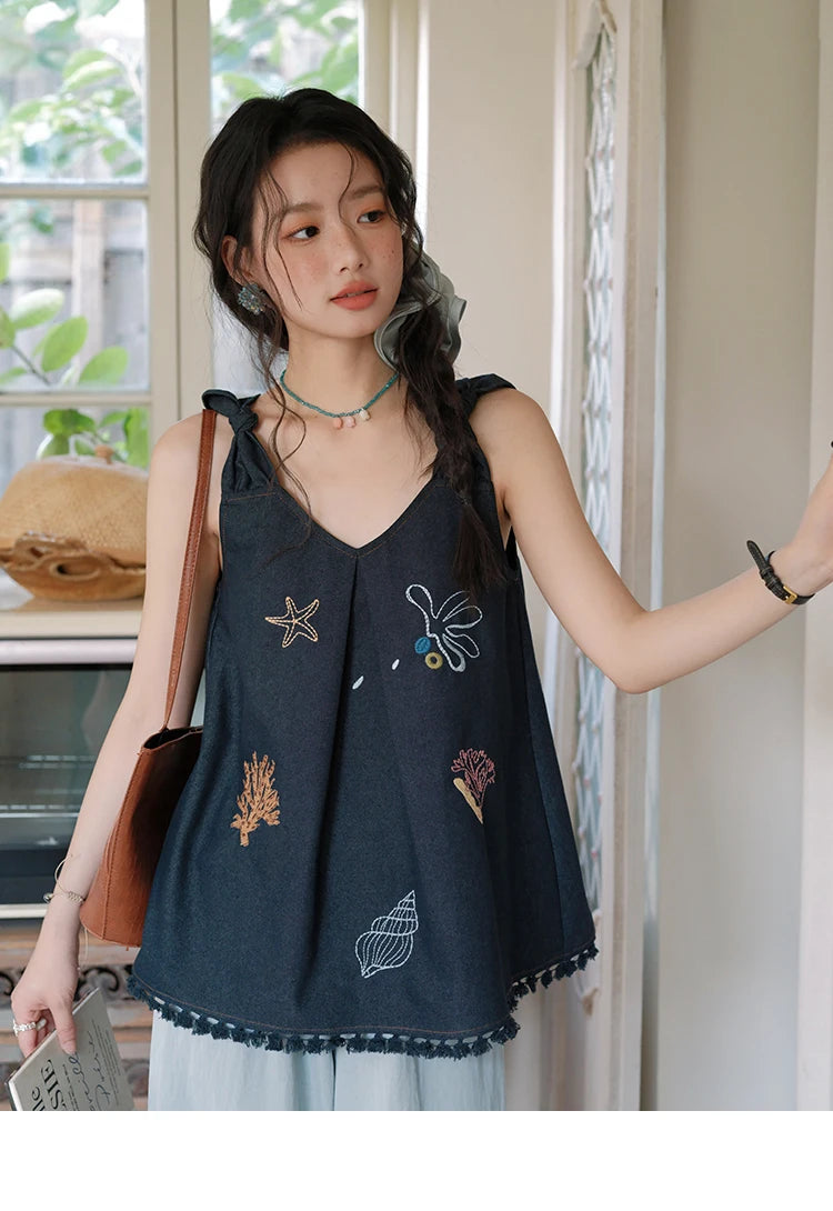 MISHOW Women's Fashion Strap Vest Summer 2025 Embroidery Lace Sleeveless Lady Camis Casual Vacation Tassel Denim Top MXE37X1860