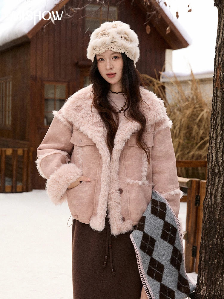 MISHOW Women's Pink Jacket 2025 Winter French Style Stand Collar Plush Patchwork Coat Windproof Warm Coat Woman MXE51W0911