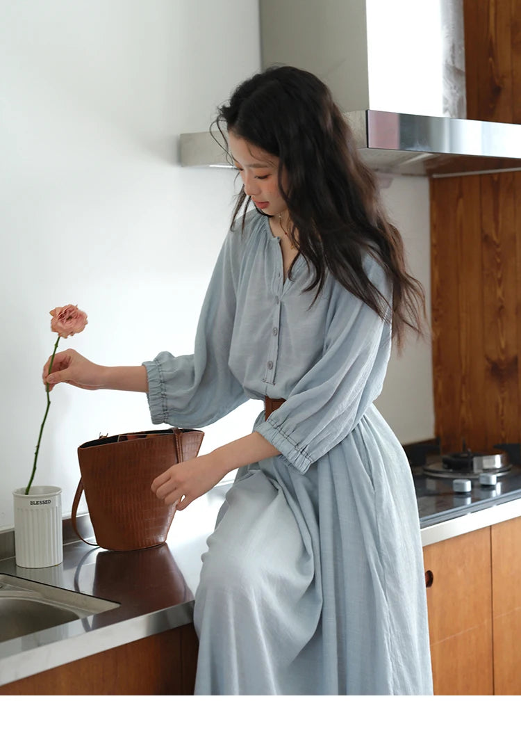 MISHOW Women's Half Sleeve Button Bamboo Knot Dress with Bohemian Belt 2025 Autumn Blue Long Dress Ladies Clothing MXE20L2468