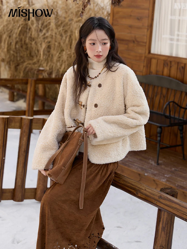 MISHOW Winter Jackets Women 2025 Retro Apricot Imitation Lambswool Coat Commuter Round Neck Single-breasted Jacket MXE51W0874