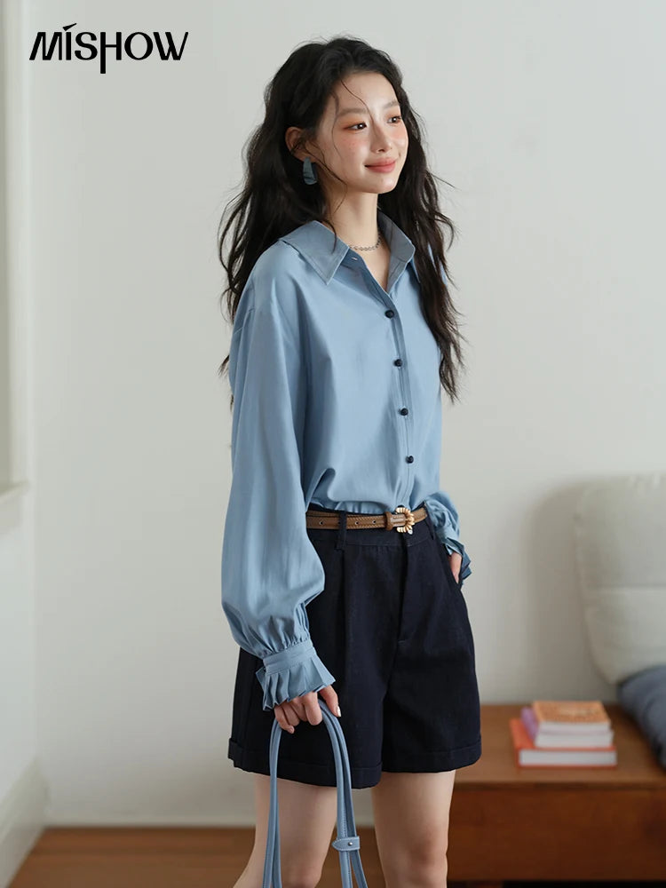 MISHOW Women's Shirts 2025 Autumn Color Blocking Buttons Pleated Cuffs Loose Top Female Solid Lapel Commuting Shirts MXE41C2352