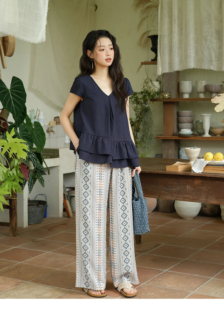 MISHOW Women's Two Piece Set 2025 Summer Spliced Lotus Leaf Edge V-neck Blouse Fashion Geometric Wide Leg Pants Set MXE39T0670