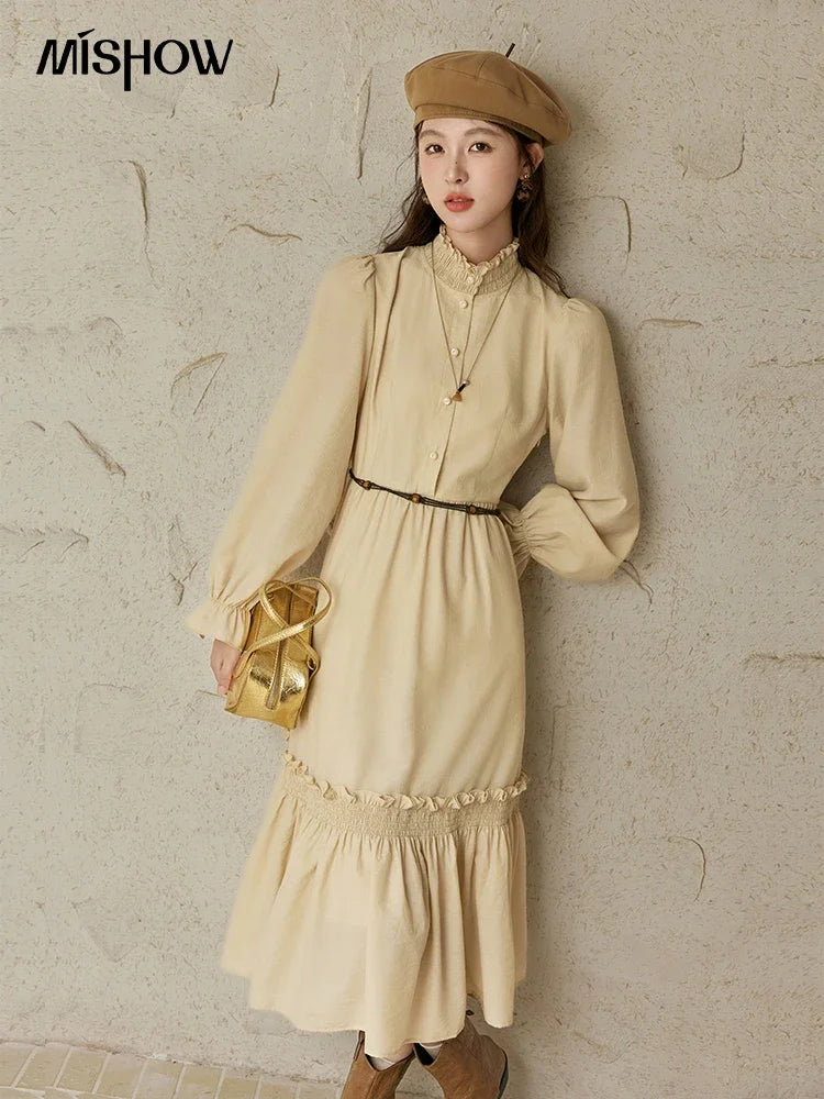 MISHOW French Stand Neck Elasticity Dress 2024 Autumn Waist Elegant A-line Dresses Elastic Lotus Leaf Sleeves Dress MPD42L2036