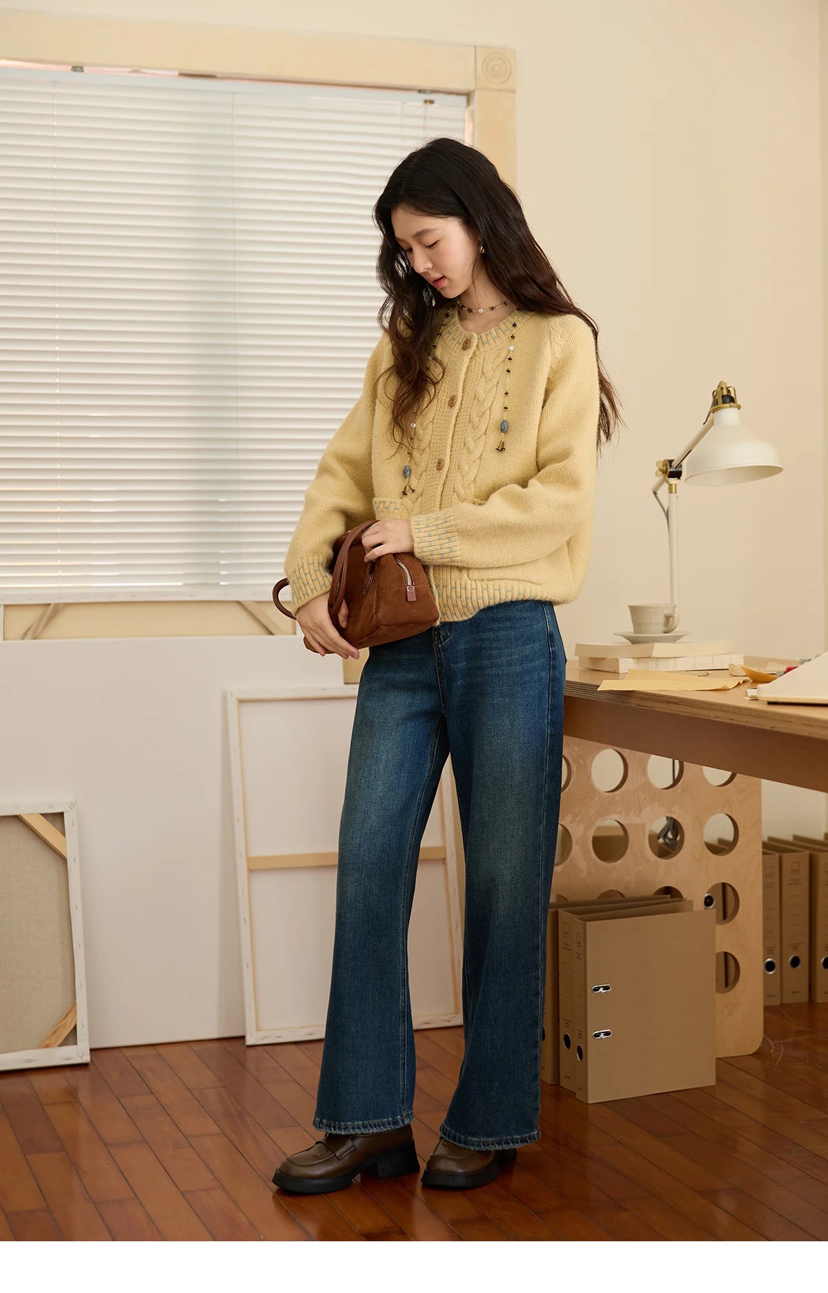 MISHOW Women's Cardigan 2025 Autumn Winter Yellow Cable Knit Cardigan Hand-Drawstring Design Commuter Short Jacket MXE47Z2566