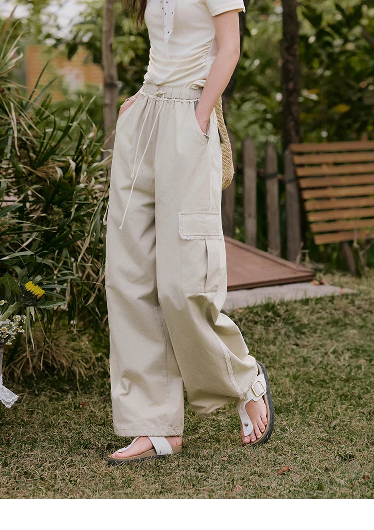 MISHOW Apricot Cargo Pants for Women in Summer 2025 Lace Patchwork Casual Pants Drawstring Elastic Waisted Trousers MXE33K0935