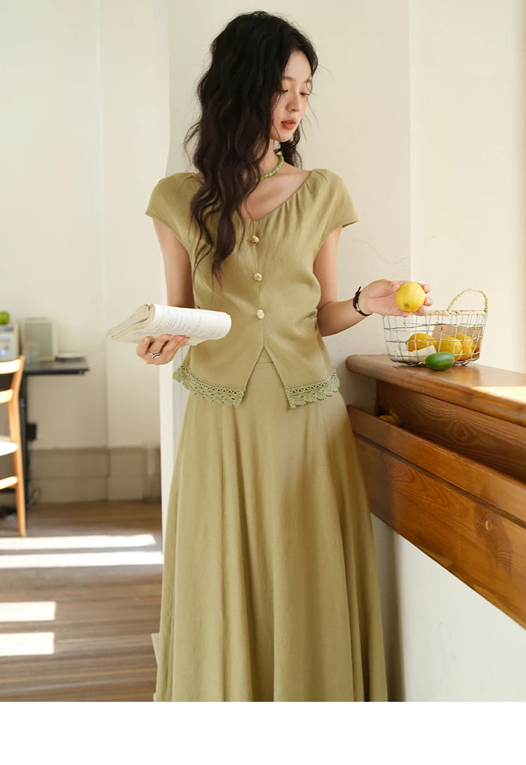 MISHOW Two-Piece Ladies Set 2025 Summer New Fashion V-neck Button Lace Hollow Out Spliced Top Pocket A-line Skirt Set MXE39T0665