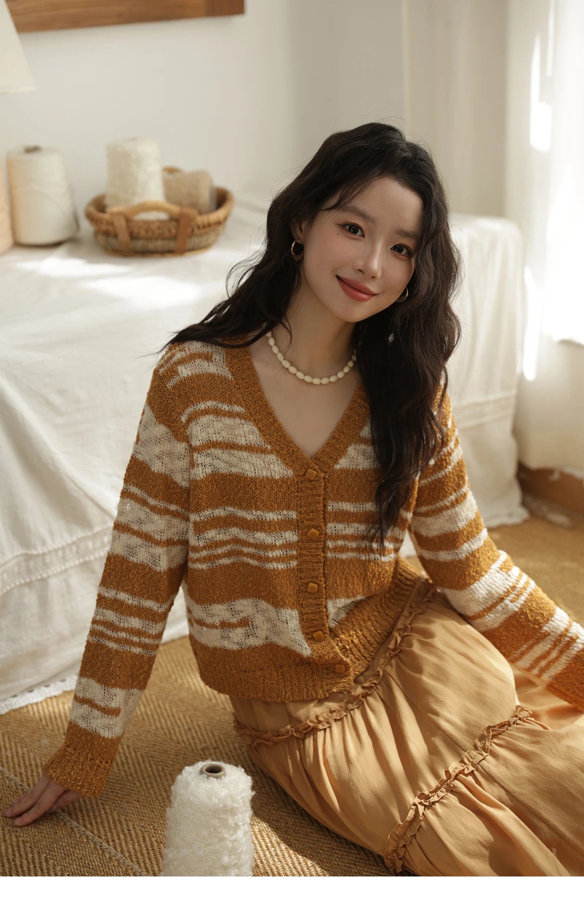 MISHOW Women's Striped Cardigan 2025 Autumn New Retro Yellow V-neck Long Sleeves Single-breasted Short Sweater Coats MXE44Z2516