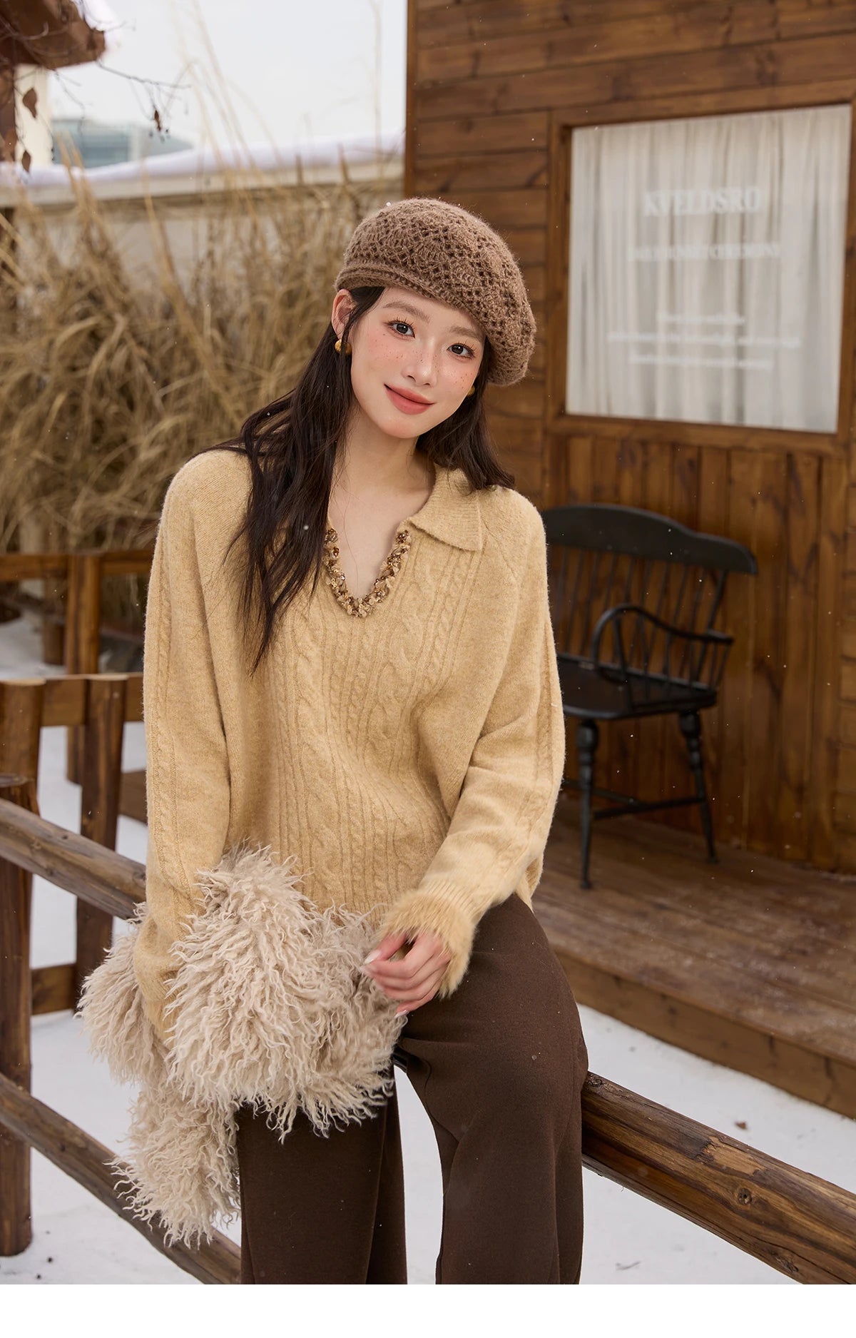 MISHOW Yellow Knitted Sweater for Women 2025 Winter New Long Sleeves Cable Plush Hem Stitching Casual Sweater Luxury MXE88Z2674