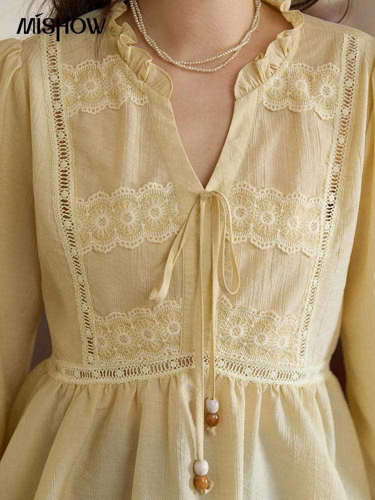 MISHOW French Thin V-neck Blouse 2025 Autumn Lace Patchwork Elastic Cuffs Top Bead Drawstring Lantern Sleeves Blouses MXE41X1925