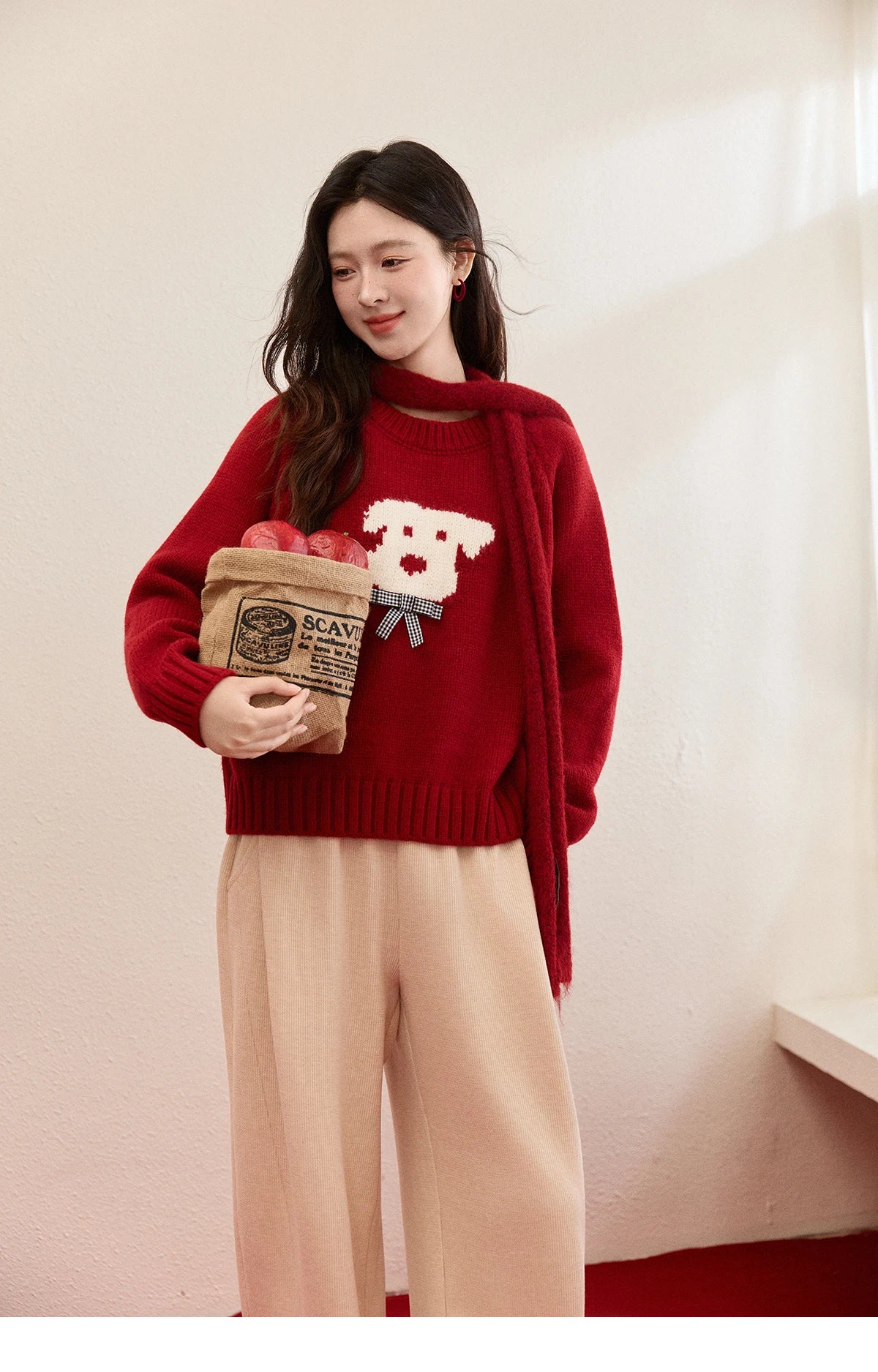 MISHOW New Year Women's Puppy Jacquard Crew Neck Knit Sweater 2026 Spring Loose Casual Red Sweater Excluding Scarf MXE93Z2932