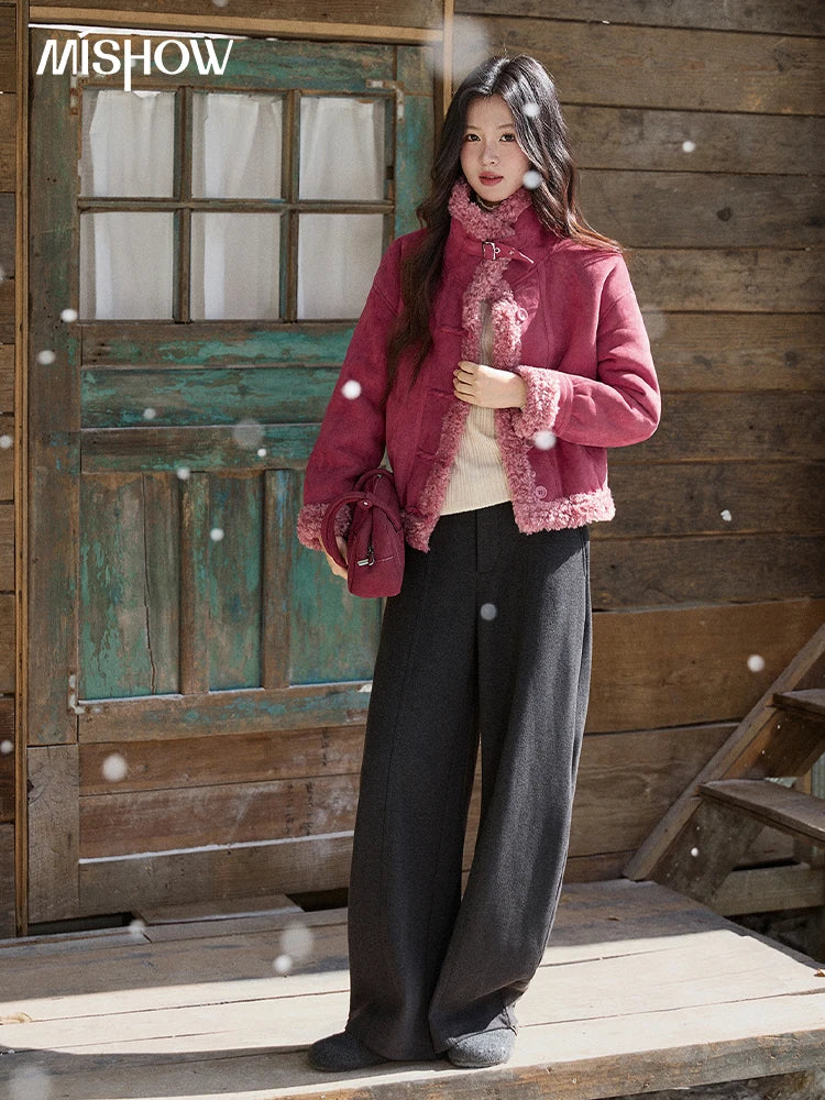 MISHOW Women's Dragon Fruit Red Suede Patchwork Coat 2025 Winter Color Block Stand Collar Thickened Short Outerwear MXE87W0942