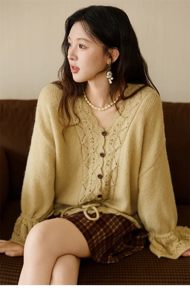 MISHOW Handmade Crochet Sweater Cardigan Autumn Mohair Flare Sleeve Knitted Tops Wave V-neck Lace-up Waist Sweater MXE47Z2513