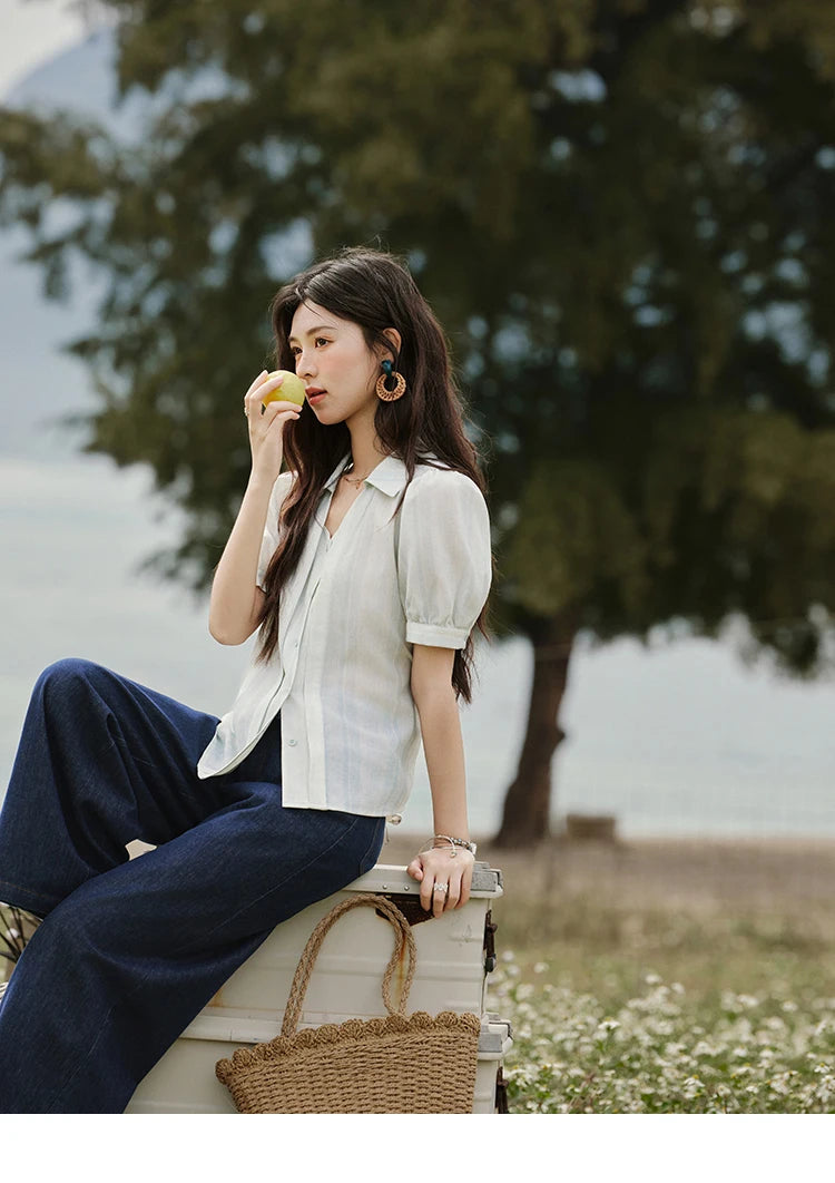 MISHOW French Summer Blouses Women New 2025 Solid Short Sleeve Turn-down Collar Slimming Shirts Female Straight Thin MXE33C0782