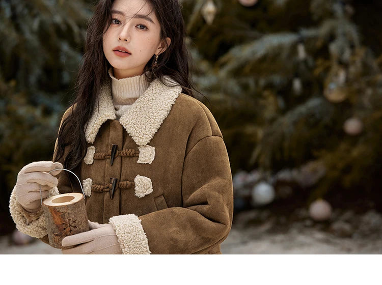 MISHOW Vintage Coats Midi Skirts Separately Brown Suede Plush Jacket Bull Horn Buckle Spliced Design Thick Warm Top MXD36W0500