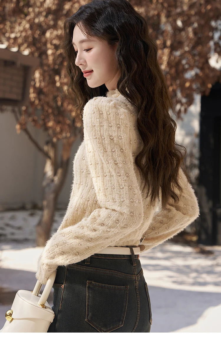 MISHOW Lace Bottoming Shirt Women Autumn Winter Mock Neck Long Sleeve Knitted Pullover French Warm Inner Top Female MXC58Z0481