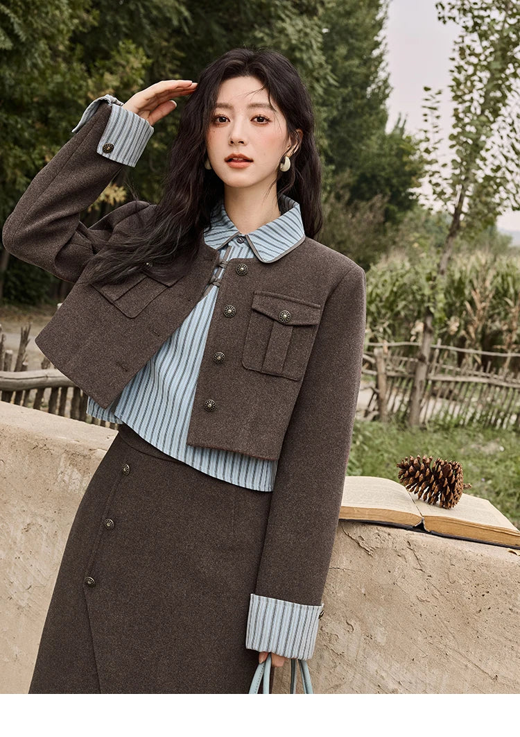 MISHOW Plaid Tweed Skirt Long-sleeved Jacket Long Skirt Separately Winter 2024 Korean O Neck Coat Front Slit Skirt MXD43W0445