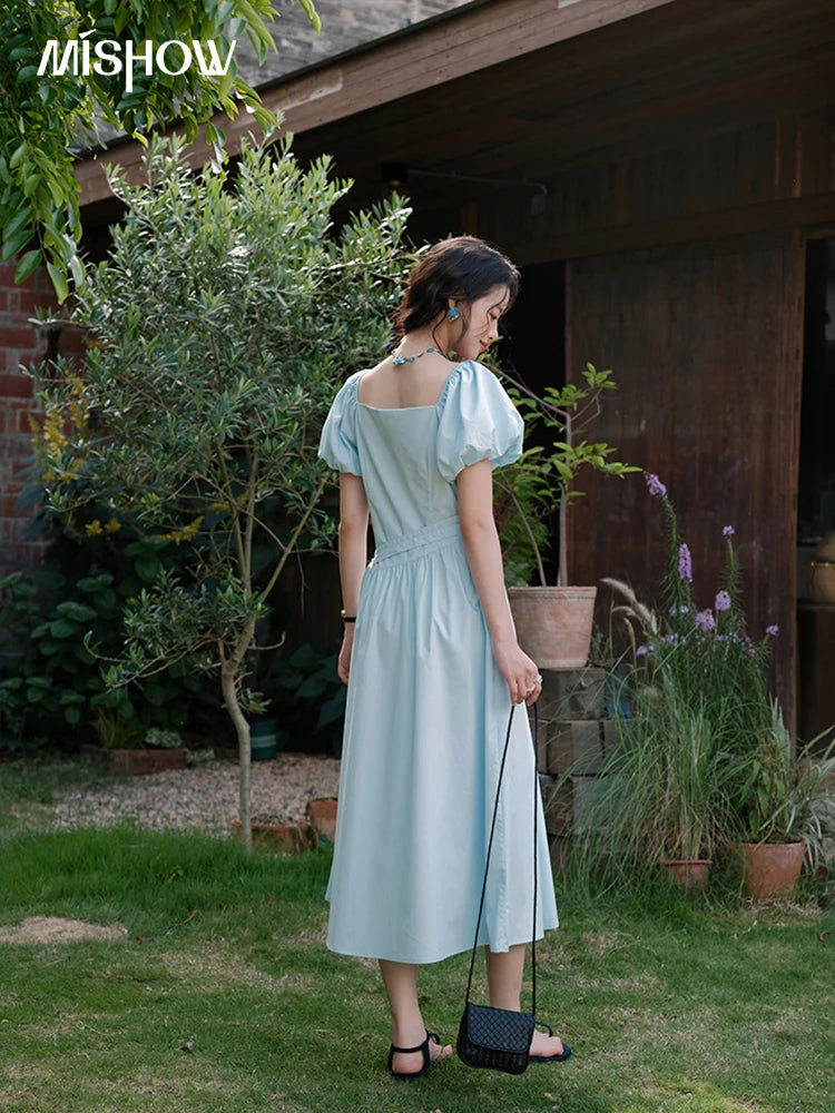 MISHOW Women's Square Neck Short Sleeve Dress 2025 Summer New Fashion Puff Sleeve Double Belt Dresses Ladies Clothing MXE34L2222