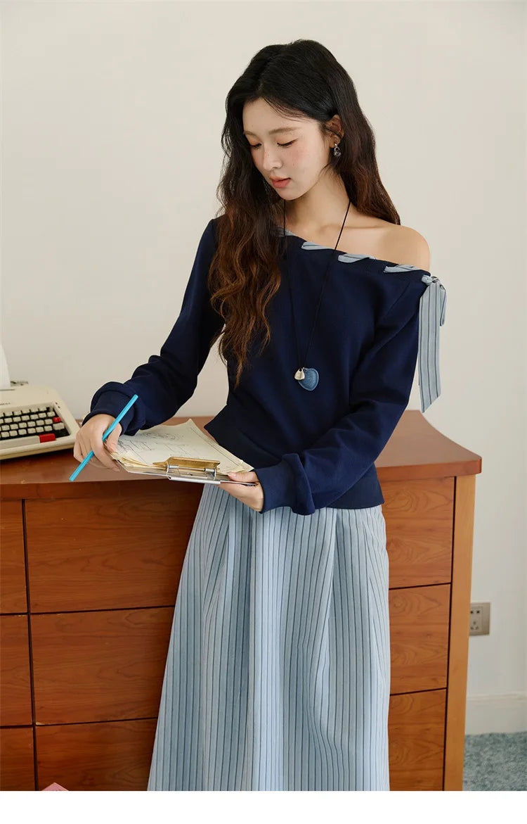 MISHOW Woman Striped Dress 2025 Autumn Blue Navy Slash Neck Contrast Lace Long-sleeved Dress Sexy Clothes for Women MXE45L2516