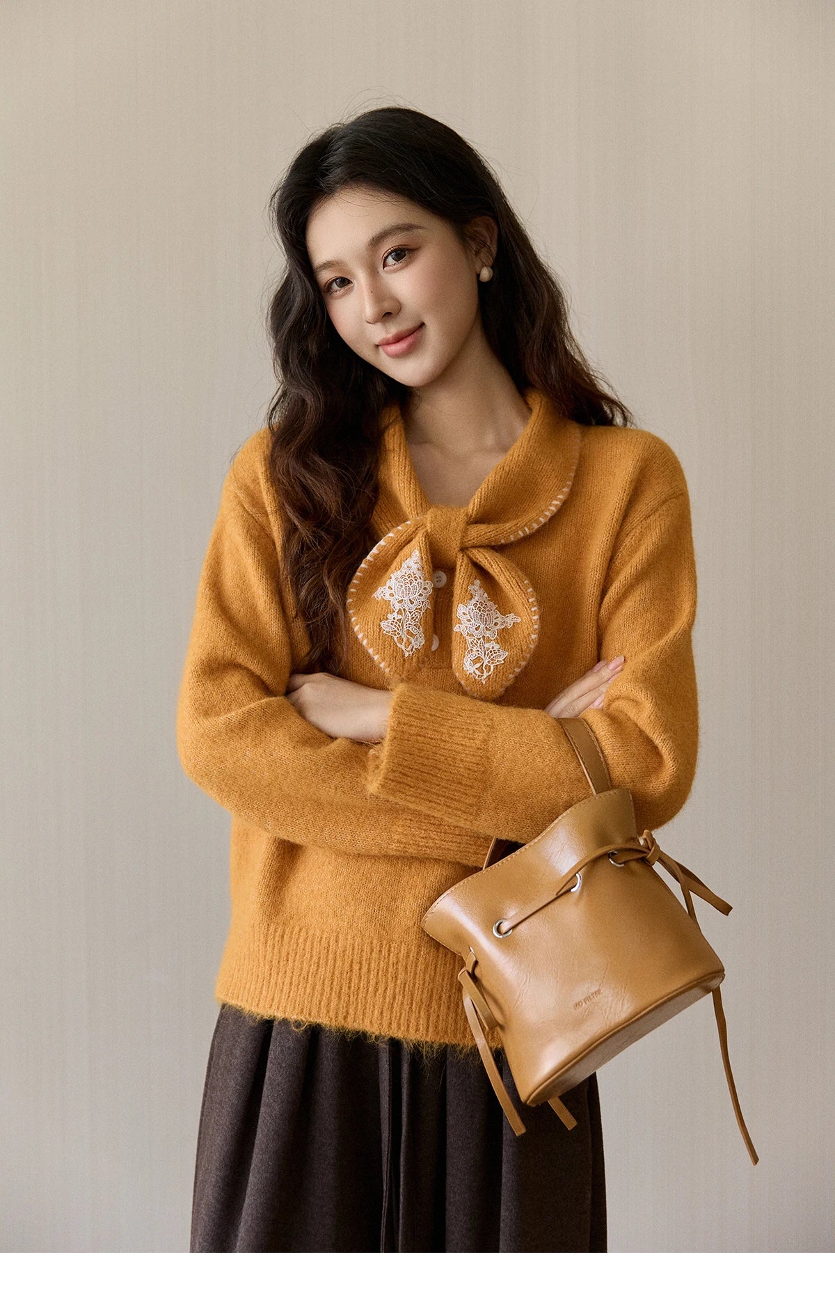 MISHOW Women's Yellow Knitted Sweater 2025 Autumn Winter Bow Collar Splicing Lace Tops Loose Warm Pullover Sweaters MXE94Z2971
