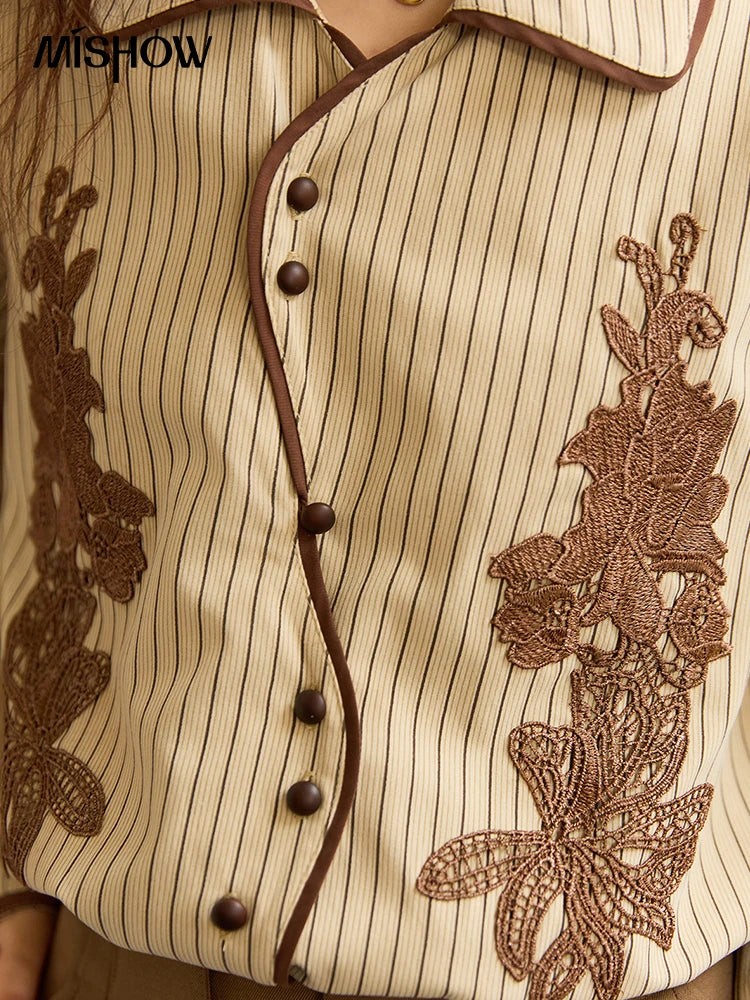 MISHOW Khaki Brushed Striped Shirt 2025 Autumn Vintage Lace Embroidered Long Sleeved Shirts Asymmetric Placket Top MXE45C2402