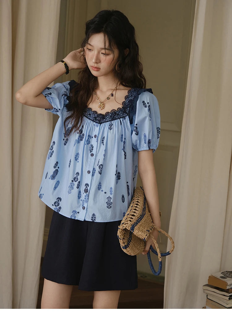 MISHOW Fashion Print Cotton Shirt for Women 2025 Summer New Puff Sleeve Lace Splicing Retro Blue Casual Button Top MXE35X1842