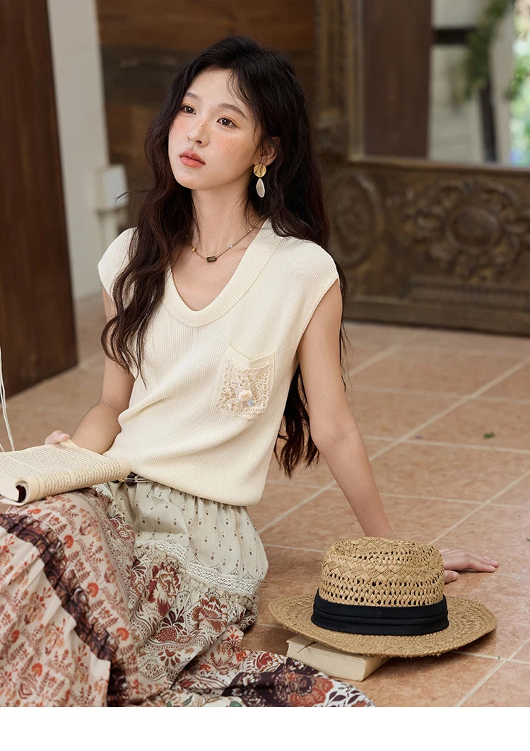 MISHOW Cool Knitted Short Sleeve T-shirt 2025 Summer V-neck Pocket Shell Lace Tops Casual Solid Raglan Sleeve Tees MXE34Z1265