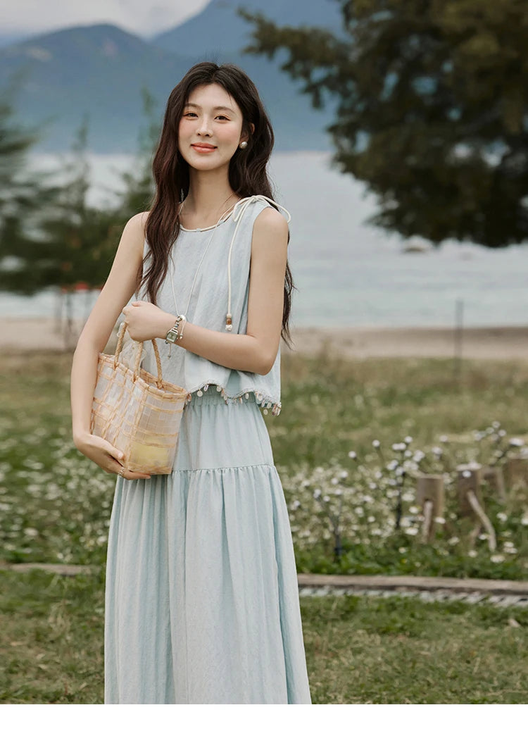 MISHOW Casual Vest Skirt Sets for Women Summer 2025 Sleeveless Round Neck Vests Solid Midi Skirts Female Fashion MXE33T0526