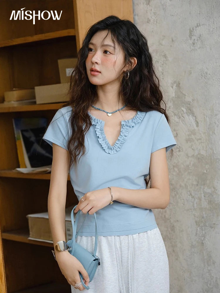 Mishow Lace V-Neck Short Sleeve Tee MXE35T0562