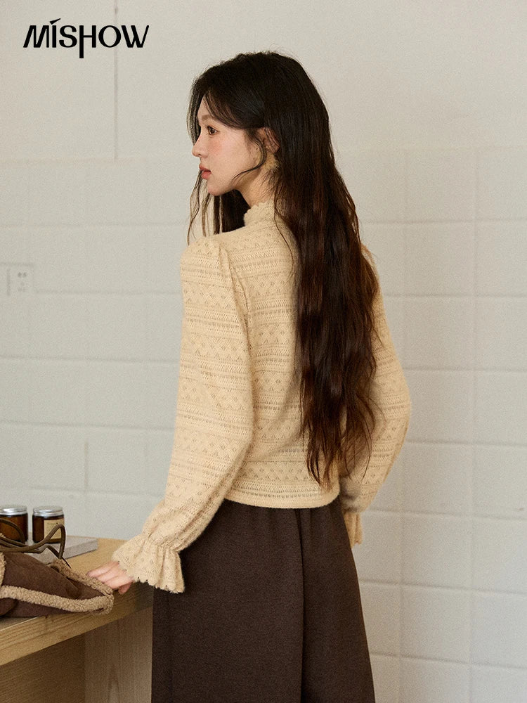 MISHOW Women's Lace Blouse 2025 Winter Fashion Yellow High Neck Slim Fit Top with Slits Base Layer Top Commute MXE48X2501