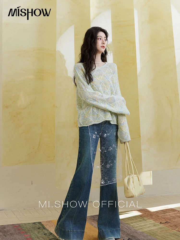 MISHOW Women's Hollow Knitted Sweater 2025 Spring Loose Thin Dropped Shoulder Top Wool O Neck Hem Wavy Edge Sweaters MXE14Z1208