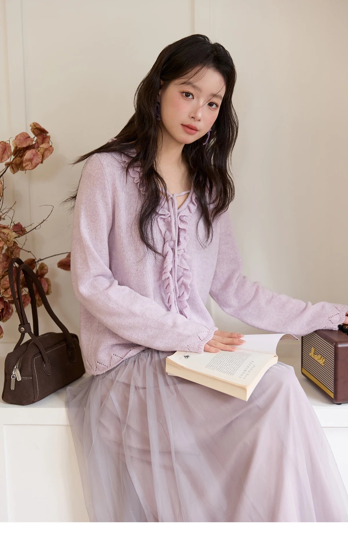 MISHOW Women Long Sleeve Tees 2025 Autumn New V-neck Wood Ear Hollow Out Knitted Sweater Women's Beige Wool Top MXE51Z2595