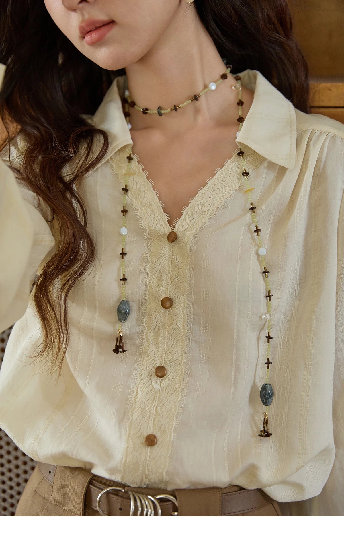 MISHOW Women's French V Neck Lace Panels Shirts 2025 Autumn Elegant Long Sleeve Apricot Top Office Chic Loose Shirt MXE43X2474