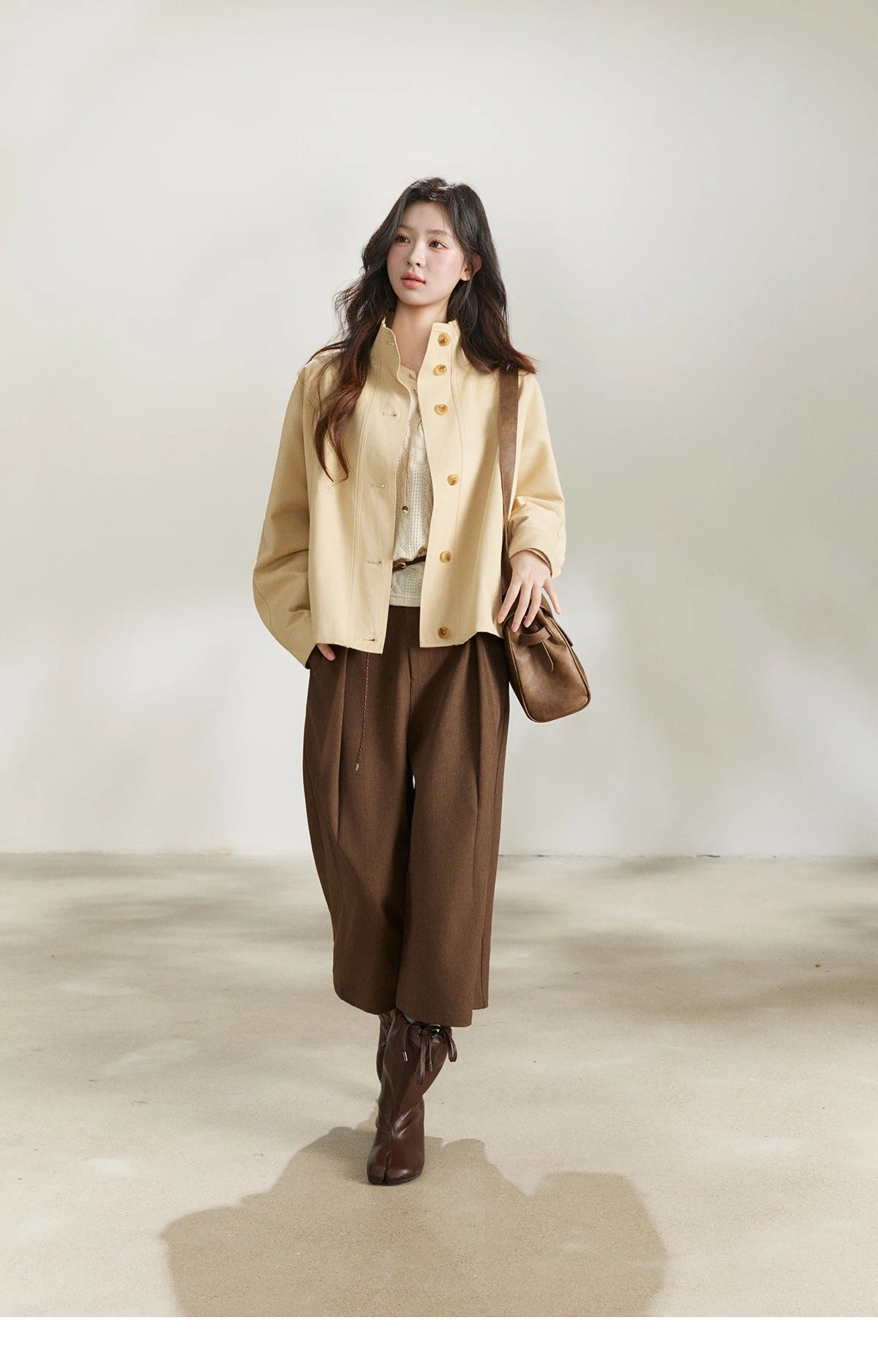 MISHOW Women's Khaki Cropped Trench Coat Spring Lapel Stand Collar Coats Removable Plaid Cap Casual Loose Jacket MXF108W1003