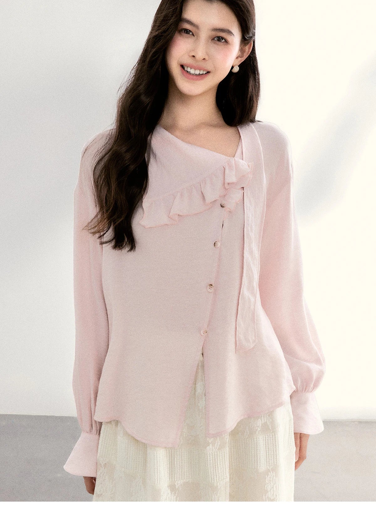 MISHOW Women's Pink Elegant Blouse 2026 Spring Asymmetrical Ruffled Collar Button Shirts Puff Sleeve Casual Loose Top MXF11X2520