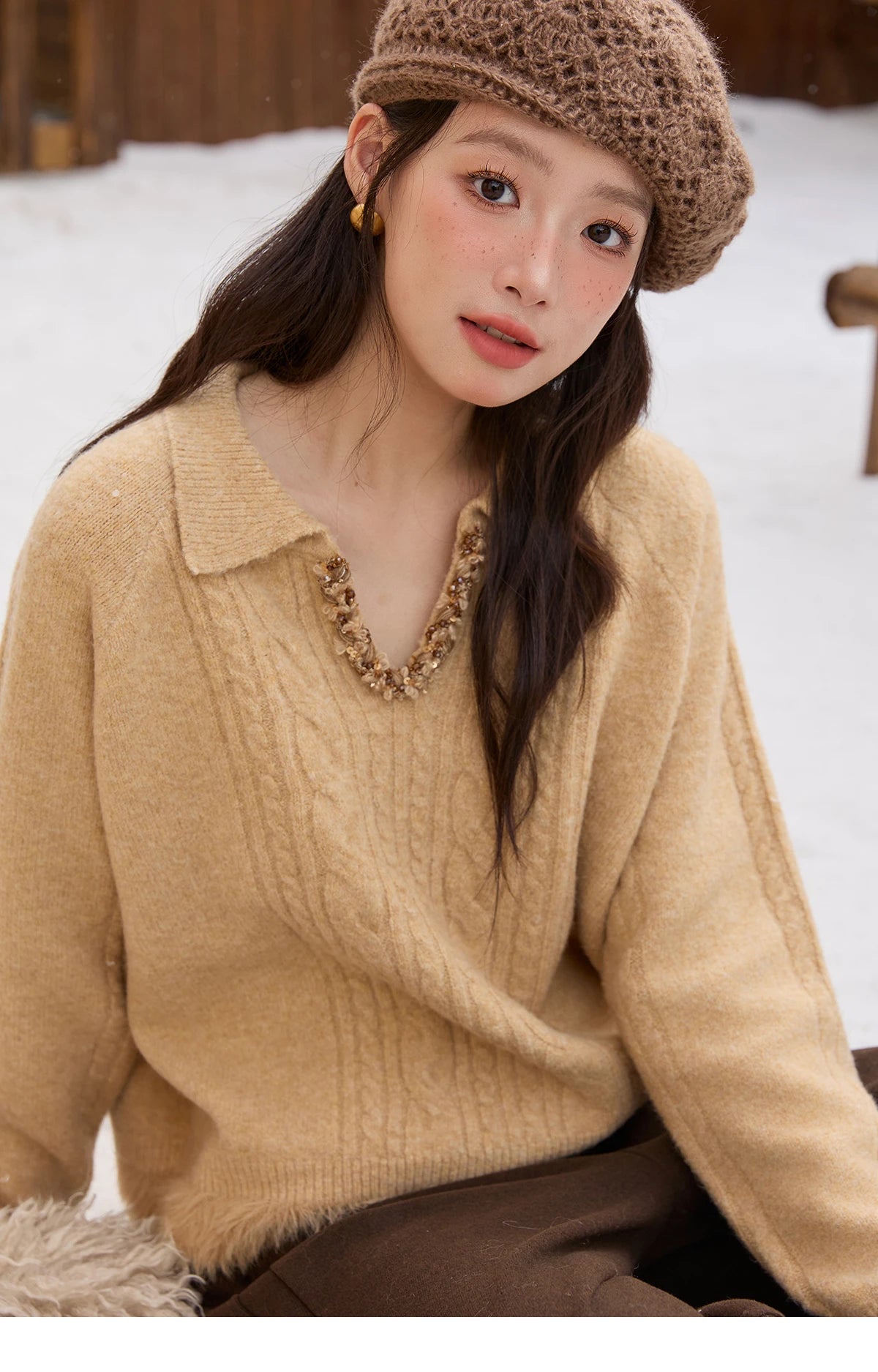 MISHOW Yellow Knitted Sweater for Women 2025 Winter New Long Sleeves Cable Plush Hem Stitching Casual Sweater Luxury MXE88Z2674