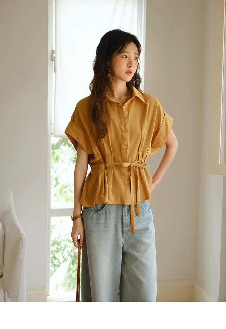 MISHOW Women's Casual Shirt 2025 Summer New Lace Up Button Turn-Down Collar Top Retro Orange Shirt Women's Clothing MXE37C0809