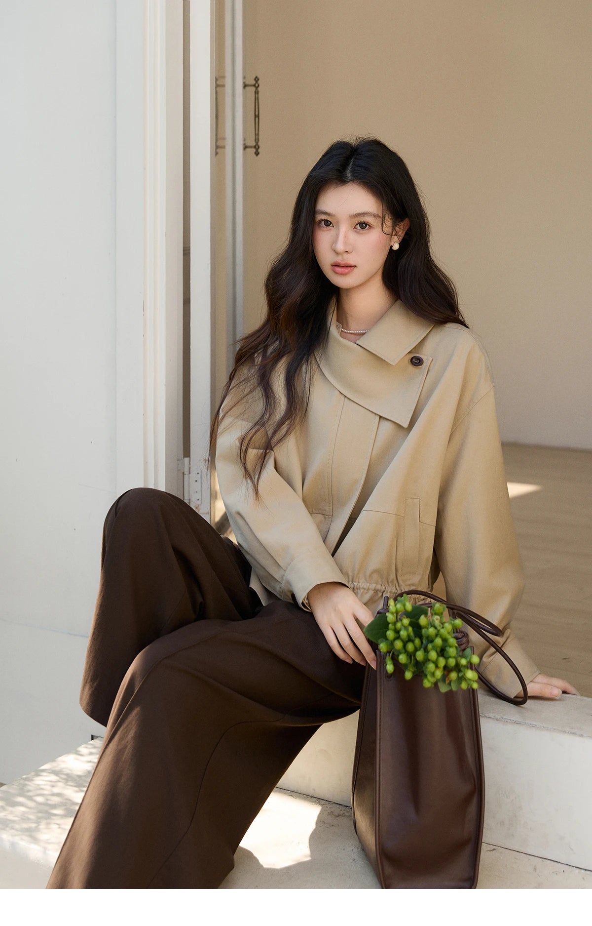 MISHOW Women's Khaki Cropped Jacket 2026 Spring Asymmetrical Collar Drawstring Waist Short Jackets Casual Loose Coat MXF11W1029