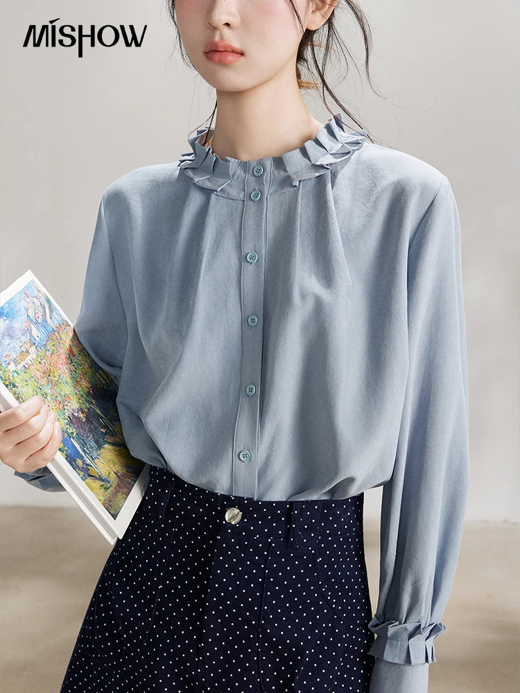 MISHOW Women's Peach Skin Solid Shirt 2026 Spring Ruffled Crew Neck Single-breasted Tops Casual Long Sleeve Shirts MXF11C2431