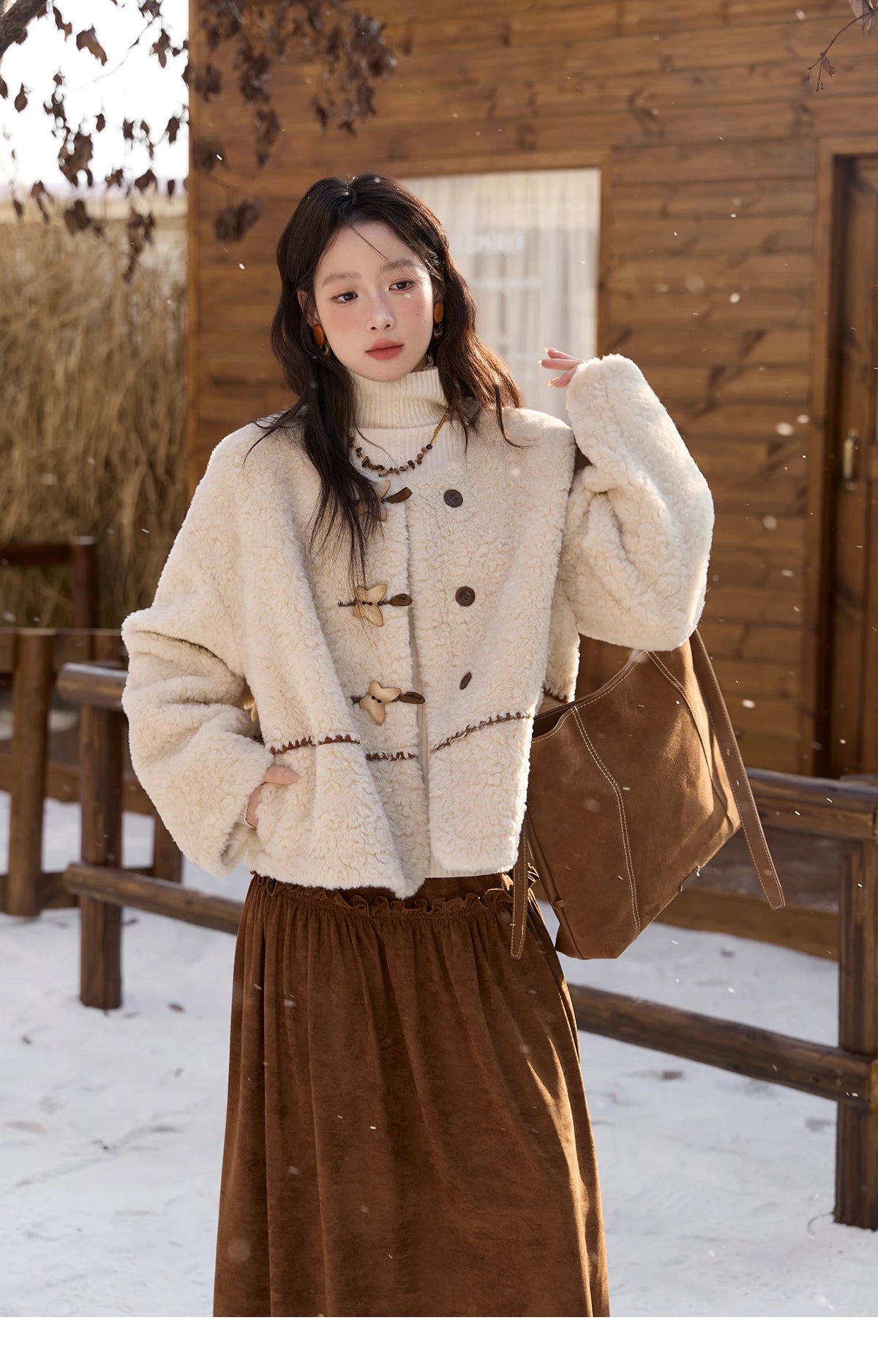 MISHOW Winter Jackets Women 2025 Retro Apricot Imitation Lambswool Coat Commuter Round Neck Single-breasted Jacket MXE51W0874